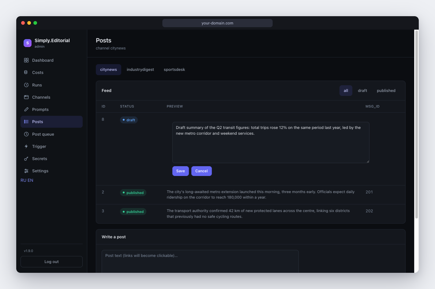 Post draft editor in the web admin